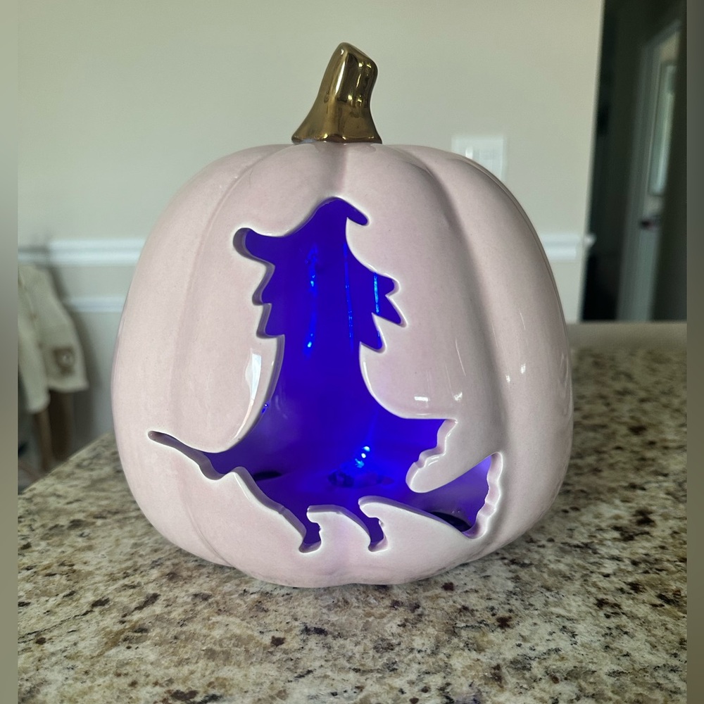 Pink Ceramic Pumpkin with Witch Cutout and lights